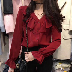 Hnewly Shirts Women Solid Ulzzang Loose Temperament Ruffles Long-Sleeve Top Fashion Streetwear New Office Lady Korean Style All-match