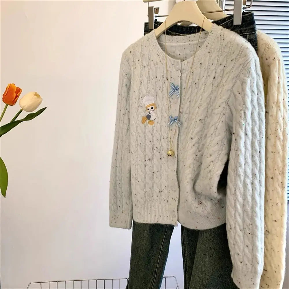 Hnewly  Korean Cartoon Embroidered Sweater Women Spring  Autumn New Soft Long Sleeved Knitted Cardigan O-neck Single Breasted Top