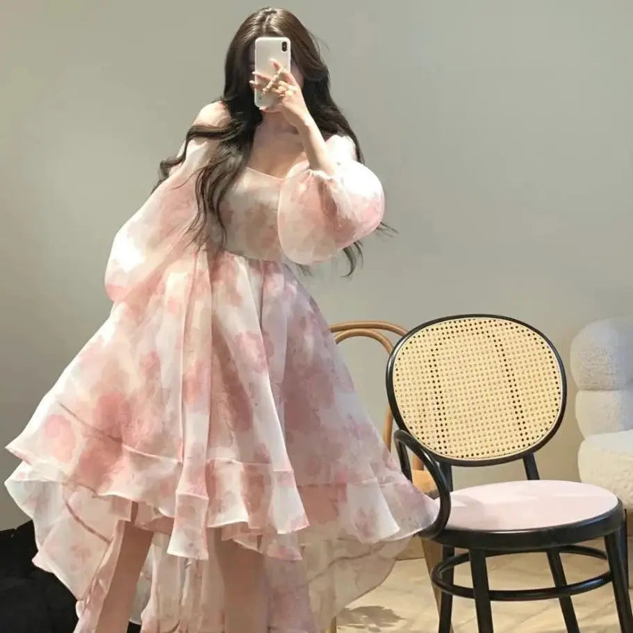 Hnewly  New Vintage Floral Sweet Midi Dress Women Irregular Elegant Puff Sleeve Fairy Dress Female Autumn Casual Beach Party Dress