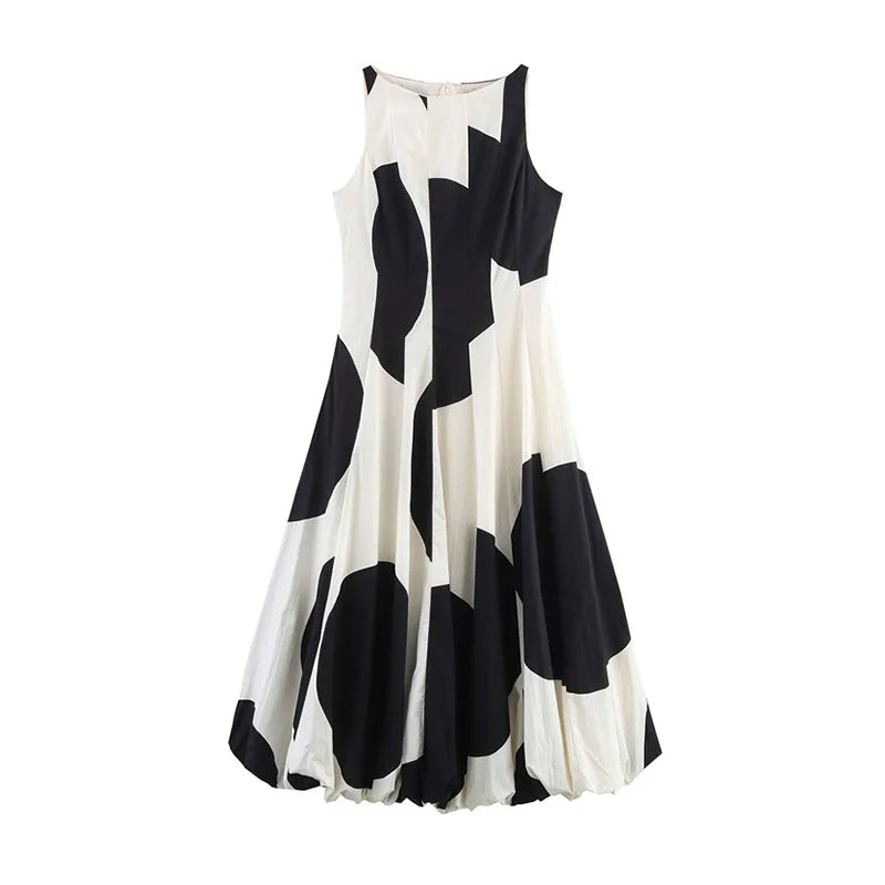 Hnewly  Printing Women's Dress O-neck Sleeveless A-line Ankle-length Circle Dot Female Dresses Summer Fashion Vacation Lady Robe ﻿