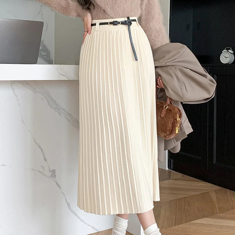 Hnewly  Elegant High Waist Knitted Skirts Women Spring Autumn Loose Pleated Mid-Long Skirts Woman Chic Solid Color Skirts Female