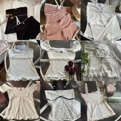 Hnewly  Chic Cute 2 Piece Set Y2K Fairy Coquette Lace Trim Crop Tops + Shorts 00s Retro Grunge Milkmaid Vest Tops Vintage Camis Outfit