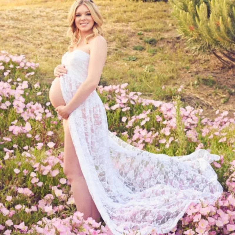 Hnewly  Sexy Perspective Strapless Lace Strapless Pregnant Women's Photo Dress High Slit Tail Pregnant Women's Photo with Clothing