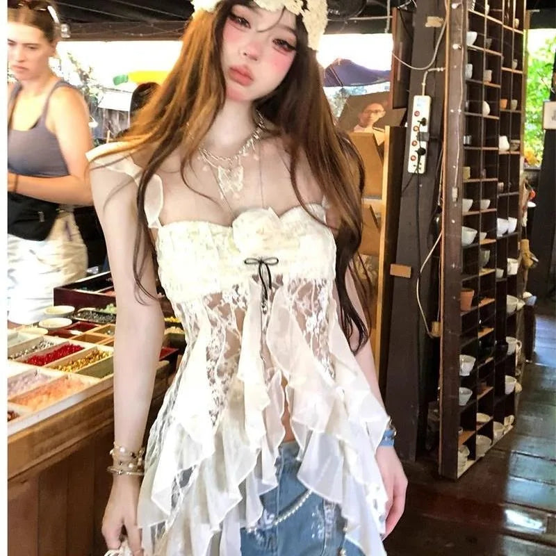 Hnewly  American Vintage Lace Strap Vest Women Summer Sleeveless T-shirts 2000s Retro Clothing Harajuku Korean Tees Design Y2k Crop Top