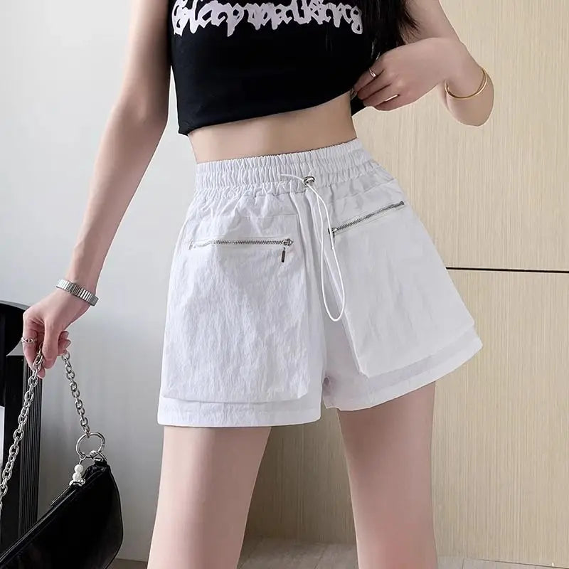 Hnewly  Elastic Waist Casual Wide Women's Cargo Shorts Flowy Trend 2025 Korean Style XL Summer Zippered Pocket Baggy Female Short Pants
