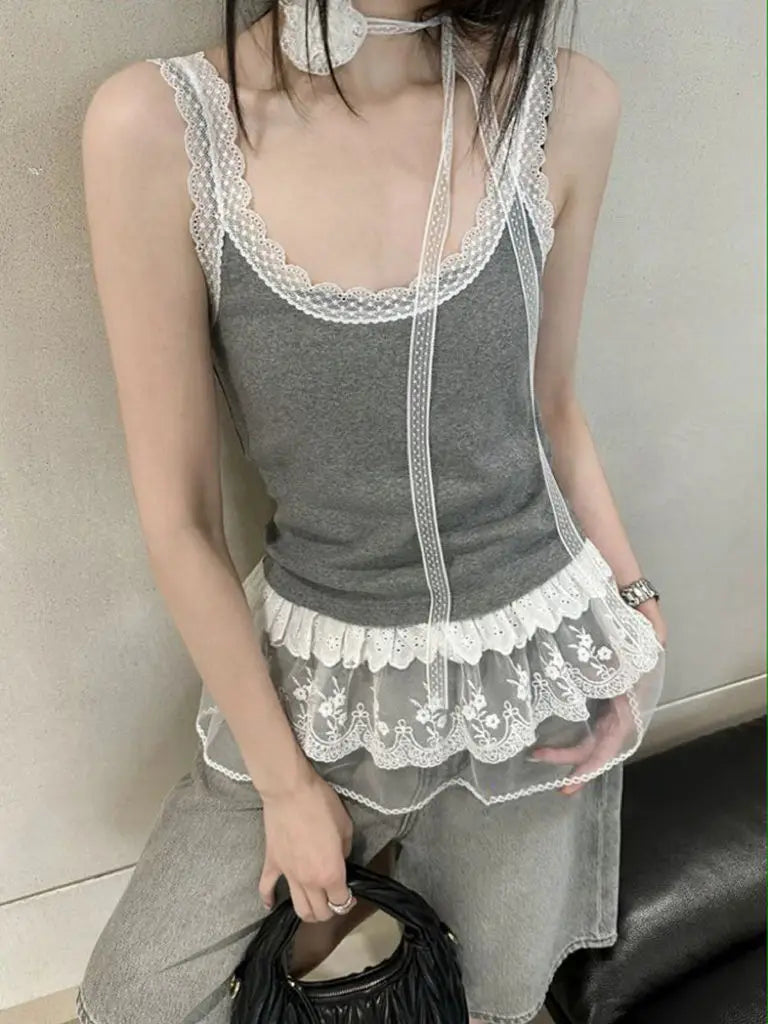 Hnewly Spring Summer New Style Lace Lace Splicing Sexy Neck Floral Strap Women's Tank Top