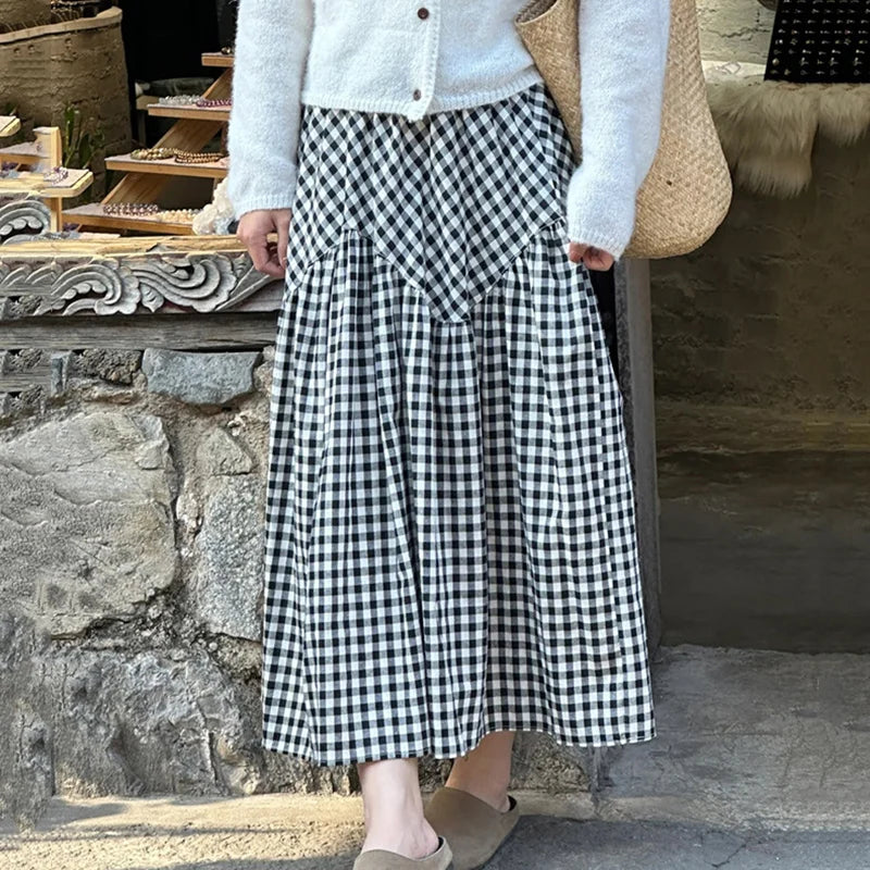 Hnewly  Korean Checkered A Line Skirt Women High Waisted Patchwork Tiered Skirt Woman All Match Loose Pleated Midi Skirts Feamle