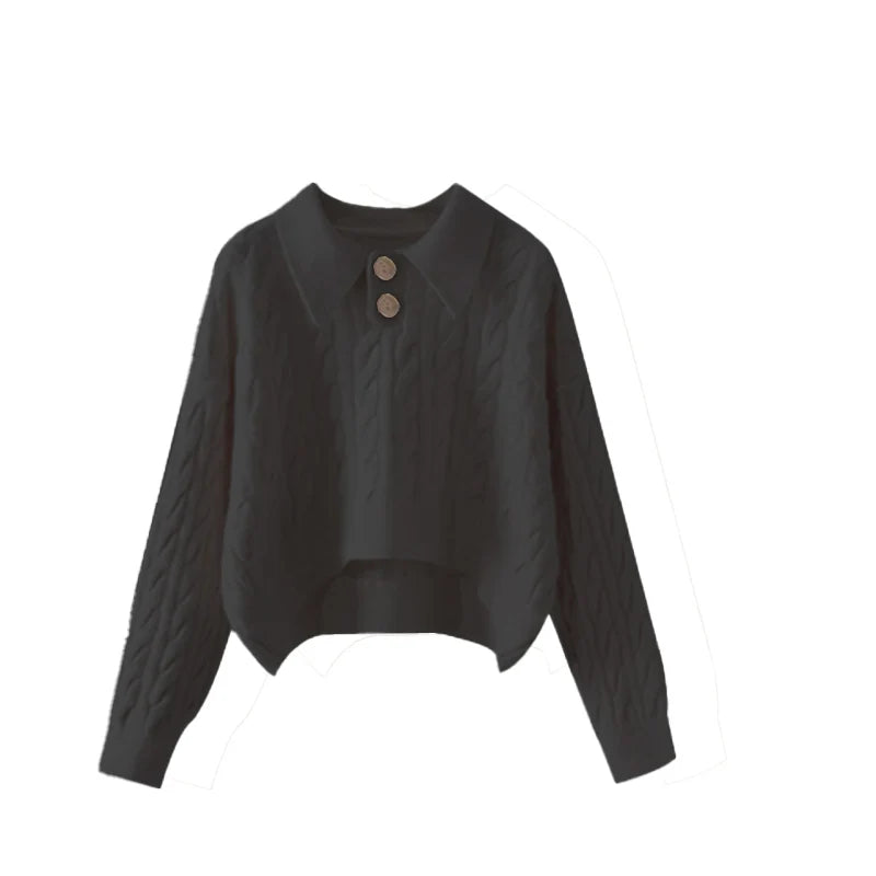 Hnewly  Polo Collar Knit Sweater Women Long Sleeve Button Front Boxy-fit Pullover Cable-knit Jumper Teen-girl Classic Preppy Outfit