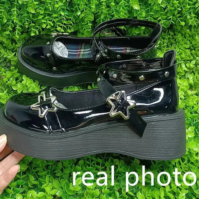Hnewly Lolita Shoes Women's Preppy Style Single Shoes Patent Leather Thick Bottom Mary Jane Shoes Vintage Girls JK Uniform Shoes