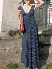 Hnewly Chic Fashion Lace Polka Dot Long Dress V-neck Sexy Women Dress Navy Blue Vintege Elegant Dresses 2025 New Woman Clothing