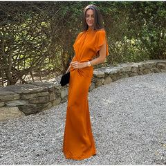 Hnewly  Fashion Satin Pleated Long Party Dress Women Elegant Lace Up Backless Backless Dresses Spring Lady Solid Evening Gowns