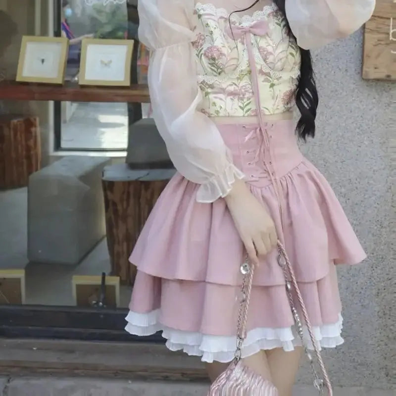 Hnewly  blue Kawaii Mini Skirt  korean style Women Sexy Gyaru Pink Bow Bandage High Waist Pleated Skirts Y2k Shorts Summer layered