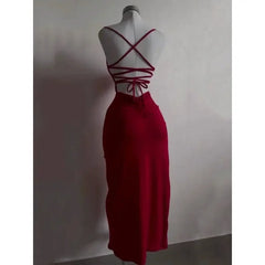Hnewly  Women Sexy Red Party Midi Dress Lace-up Irregular Split Long Dress Summer Halter Strap Spice Girl Bag Hip Clothes Solid