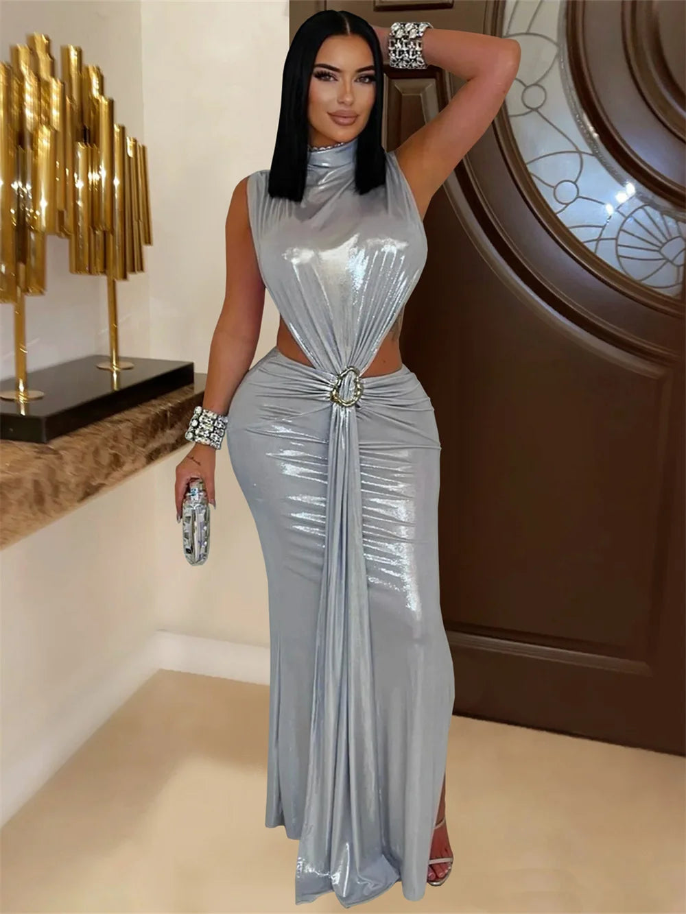 Hnewly  Cutenew Sexy Ruched Silky Dress Women Sleeveless Waistless Metal Button Ribbon Side Split Party Midnight Club Wedding Bodycon