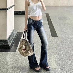 Hnewly  Harajuku Vintage Low Waist Jeans for Women Streetwear Y2K Slim Fit Long Pants Woman Spring Autumn Retro Flared Denim Trousers