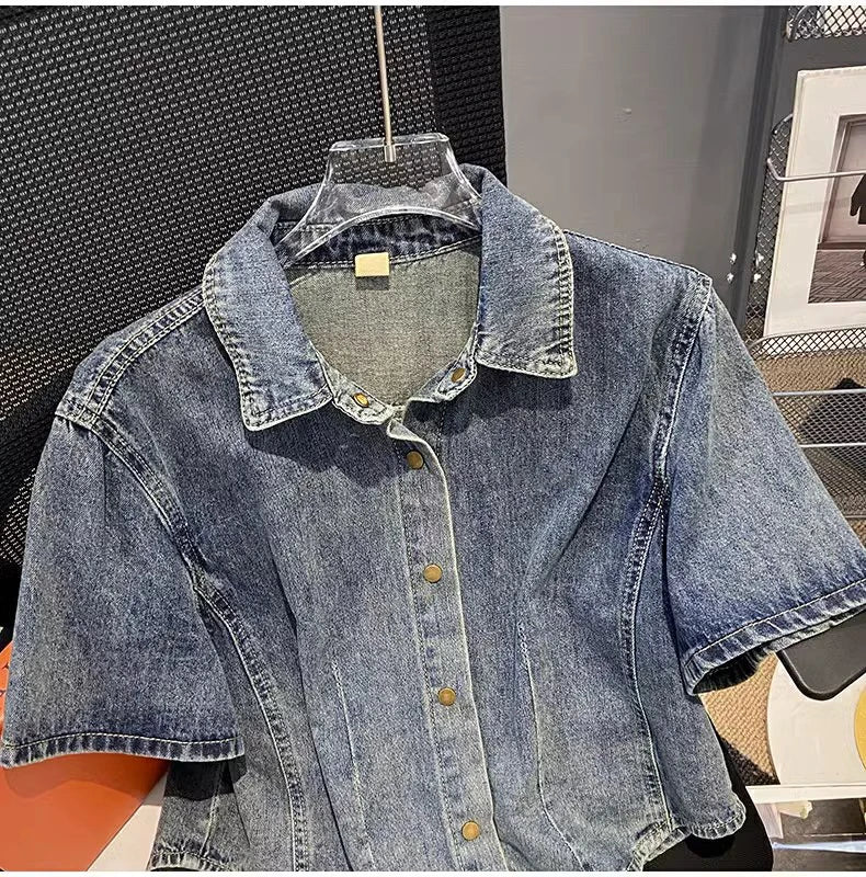 Hnewly  Retro Denim Jacket Women's 2025 Summer New Loose Versatile Short Sleeved Top Large Size Single Breasted Turndown Collar Shirt