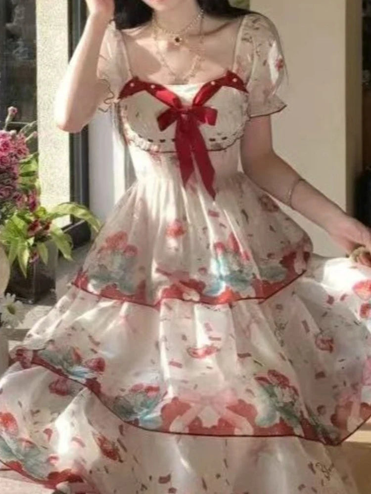 Lunivop  French Sweet Floral Dress Women Slim Fit Waist Cinched Bow Short Sleeve Puff Cake Skirt Summer Prairie Chic Fashion Maxi Dress