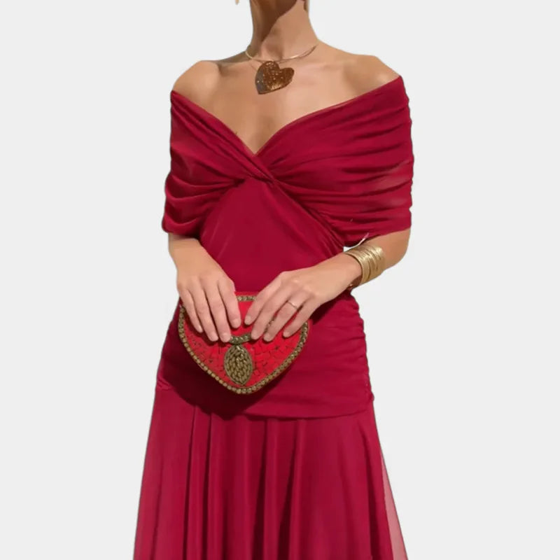 Hnewly  Elegant Off Shoulder V Neck Female Pleated Dress Fashion Printed Women Long Dresses Summer New Lady Beach Vacation Vestidos