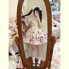 Hnewly  Japanese Kawaii Lolita JSK Dress Women Cute Cartoon Bear Print Bow Strap Mini Dress Girls Sweet Tea Party Princess Dresses