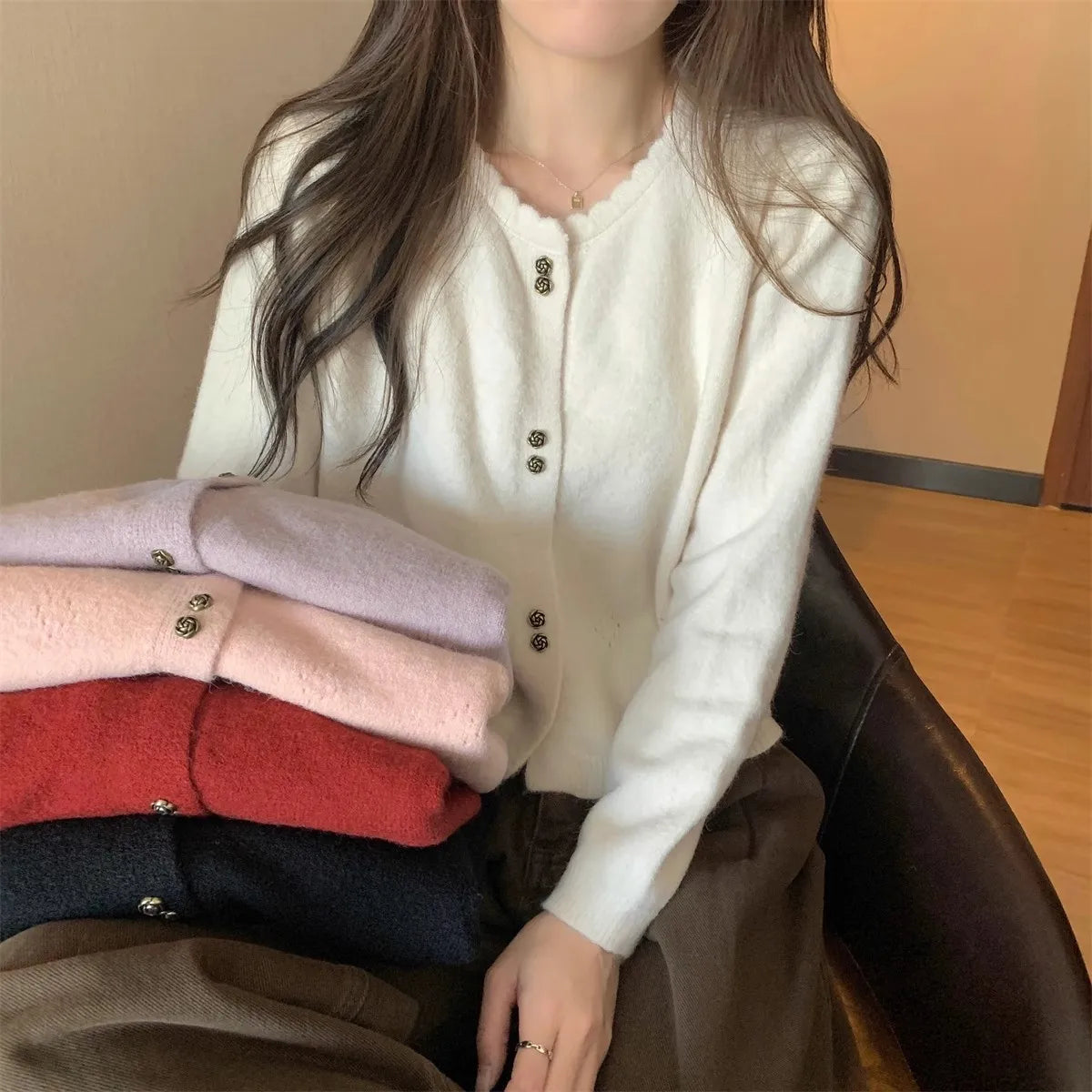 Hnewly  Sweet Short Hollowed Out Sweater Chic Buttons Long Sleeved Knitted  Cardigan Jacket Korean series Round Neck Loose Top