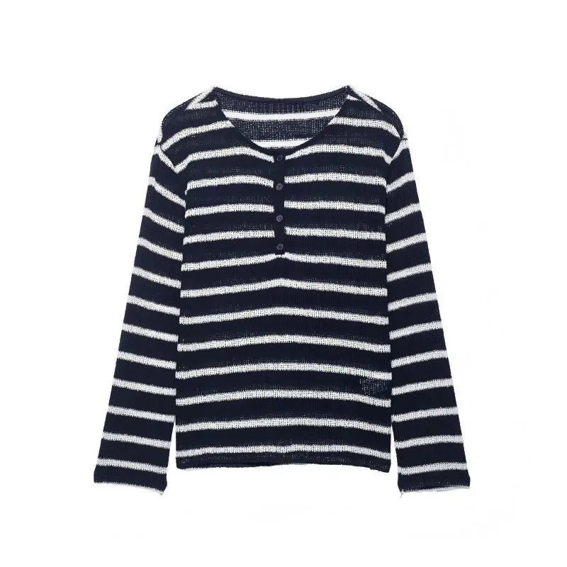 Hnewly  Women's Navy White Striped Knit Top, 4-Button Placket Round Neck Long Sleeve Sweater, Casual Rolled Hem Crew Neck Blouse