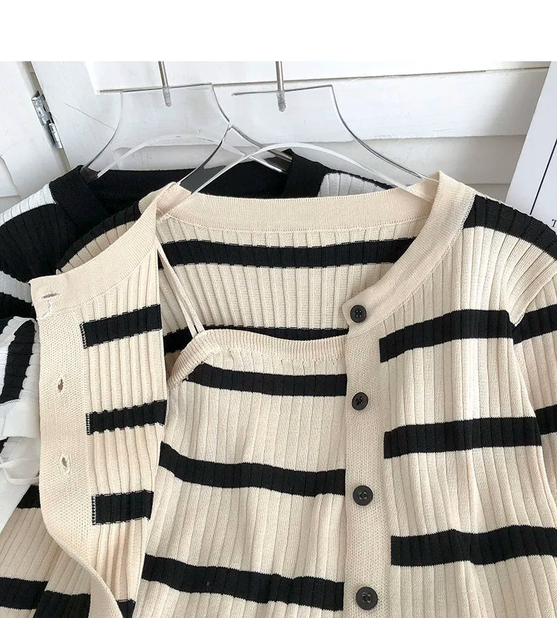 Hnewly  Women's Striped Knitting Cardigan Single Breasted Long Sleeved Sweater+Spaghetti Straps Vest Spring Autumn Korean Top 2pcs