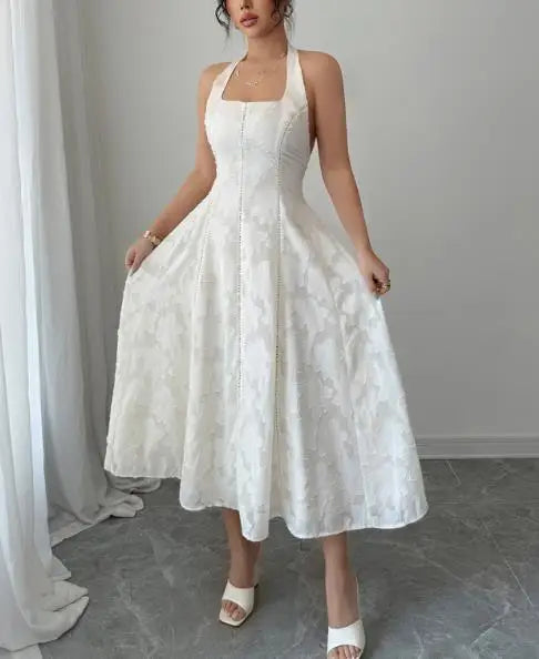 Hnewly  Women's Elegant and Minimalist Style Hanging Neck Strapless Long Skirt Dress Open Back with Tie Detail and Floral Pattern Dress