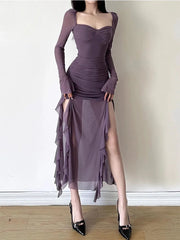 Hnewly  Fashion Sexy Mesh Long Sleeved Dress for Women Y2k Grunge Slim Fit Split Dresses Summer New Mid-length Vestidos Mujer
