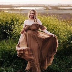 Hnewly  Maternity Dress For Photo Shoot Dress Elegant Chiffon Two-Piece Dress With Adjustable Back Straps Short Top And Mesh Lace Skirt