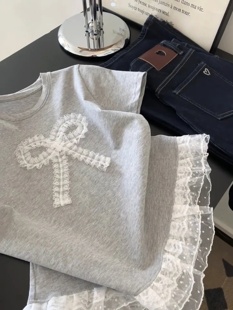 Hnewly  Lace patchwork Short Sleeved T-shirt Ballet Style Sweet Bow Top Women's Korean Round Neck Loose Versatile Tee Casual Pullover