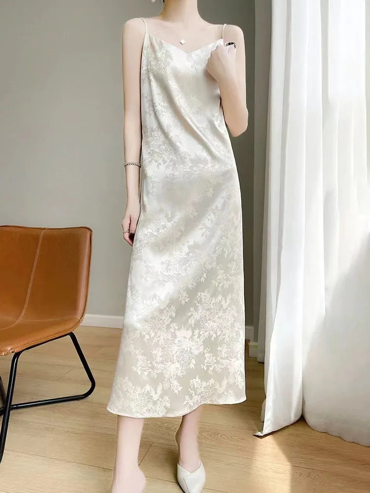 Hnewly Satin Jacquard Slip Dress for Women Summer Sexy Hollow Out Sleeveless Midi Dress Y2K Korean Elegant Beach Party Vestidos New