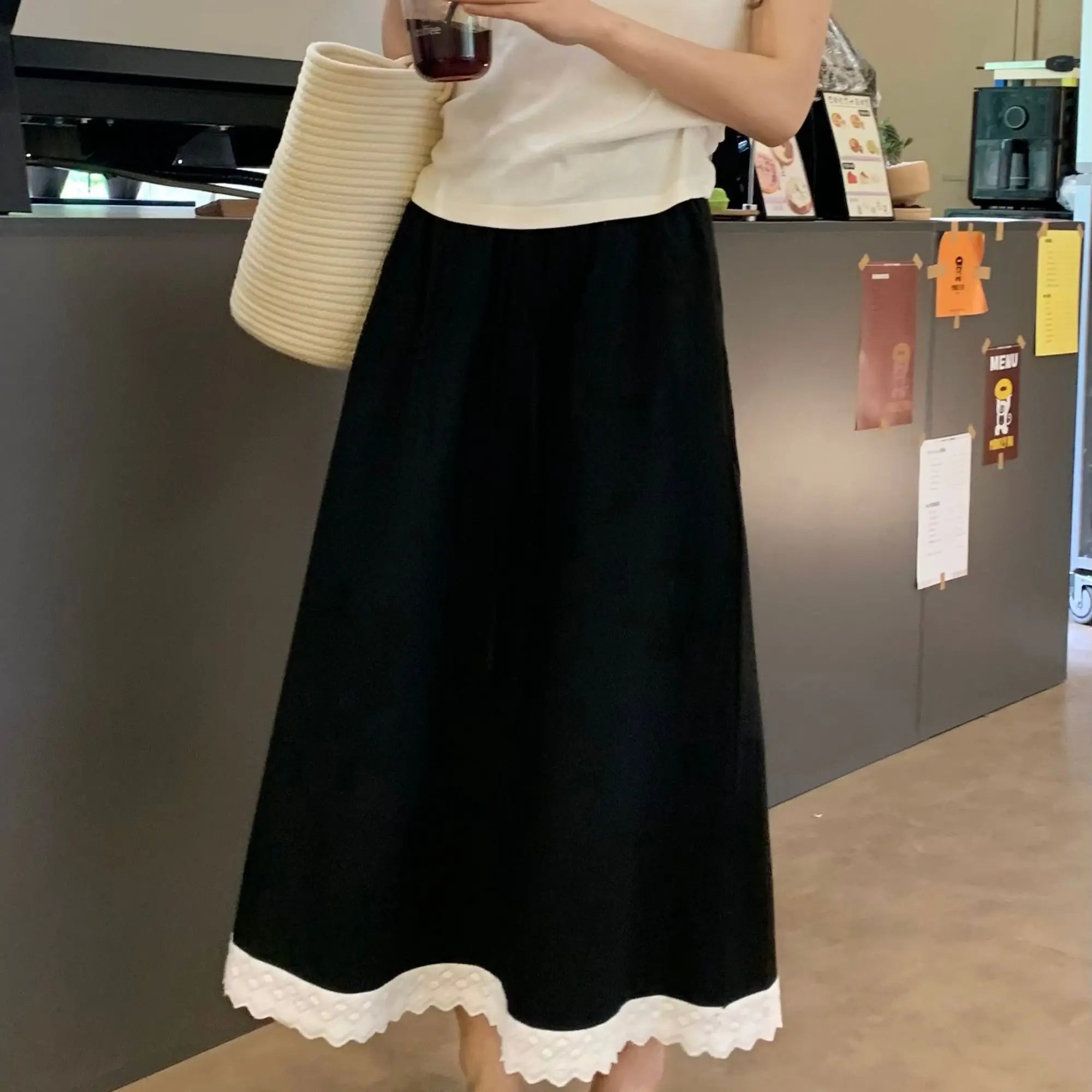 Hnewly Fresh and Fashionable Lace Lace Splicing Half Skirt Summer New Versatile Loose High Waist Long Skirt