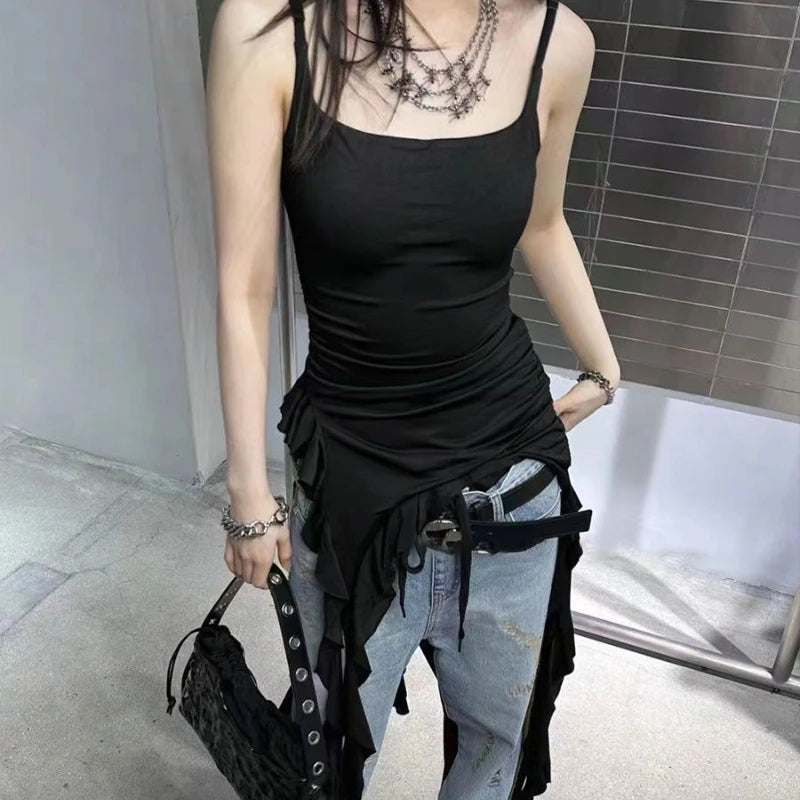 Hnewly  Sexy Tank Top Asymmetrical Black Y2k Women Ruffle Grunge Backless Coquette Fashion Streetwear Tops Solid Aesthetics