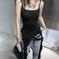 Hnewly  Sexy Tank Top Asymmetrical Black Y2k Women Ruffle Grunge Backless Coquette Fashion Streetwear Tops Solid Aesthetics