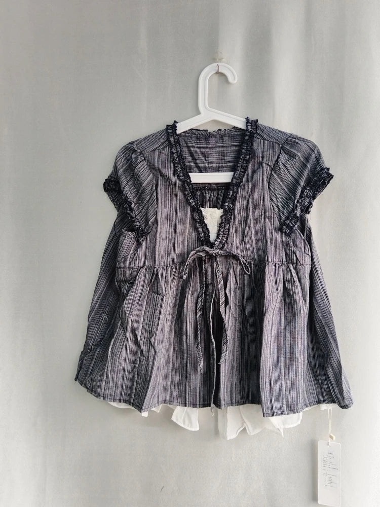 Hnewly  Summer Light Blue Striped Shirts Women Fungus V-neck Lace Up Puff Sleeve Blouses New Loose Casual All-match Tops Mujer