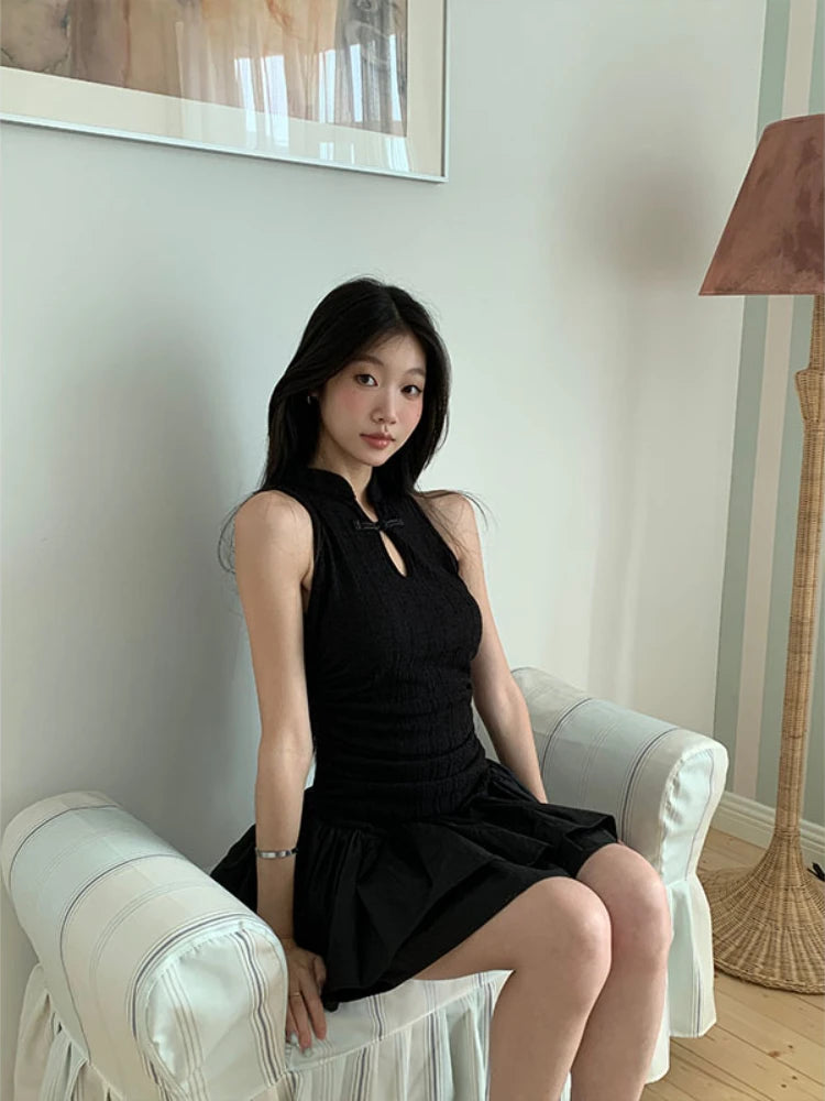 Hnewly Summer Vintage Elegant Black Button Bodycon Mini Dress Women Casual Retro Sleeveless Evening Party Dress Korean Fashion Chic