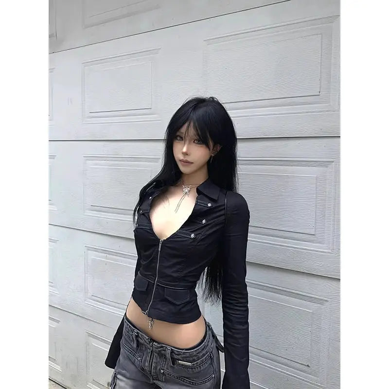 Hnewly  Y2k Fashion Sexy V-neck Slim Fit Top for Women Casual All-match Long Sleeve Blusas Mujer 2025 Spring New Black Blouses
