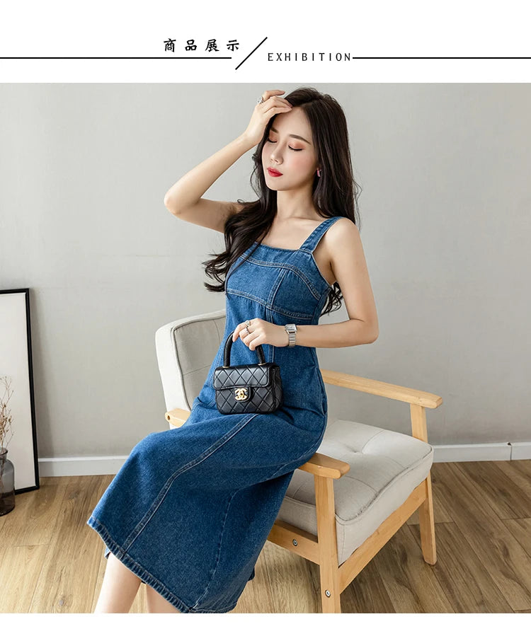 Hnewly  Denim Spaghetti Strap Dress New Summer Women's Retro Strap A-Line Dress Classic Blue Tea-Length Versatile Slim Sun Dresses