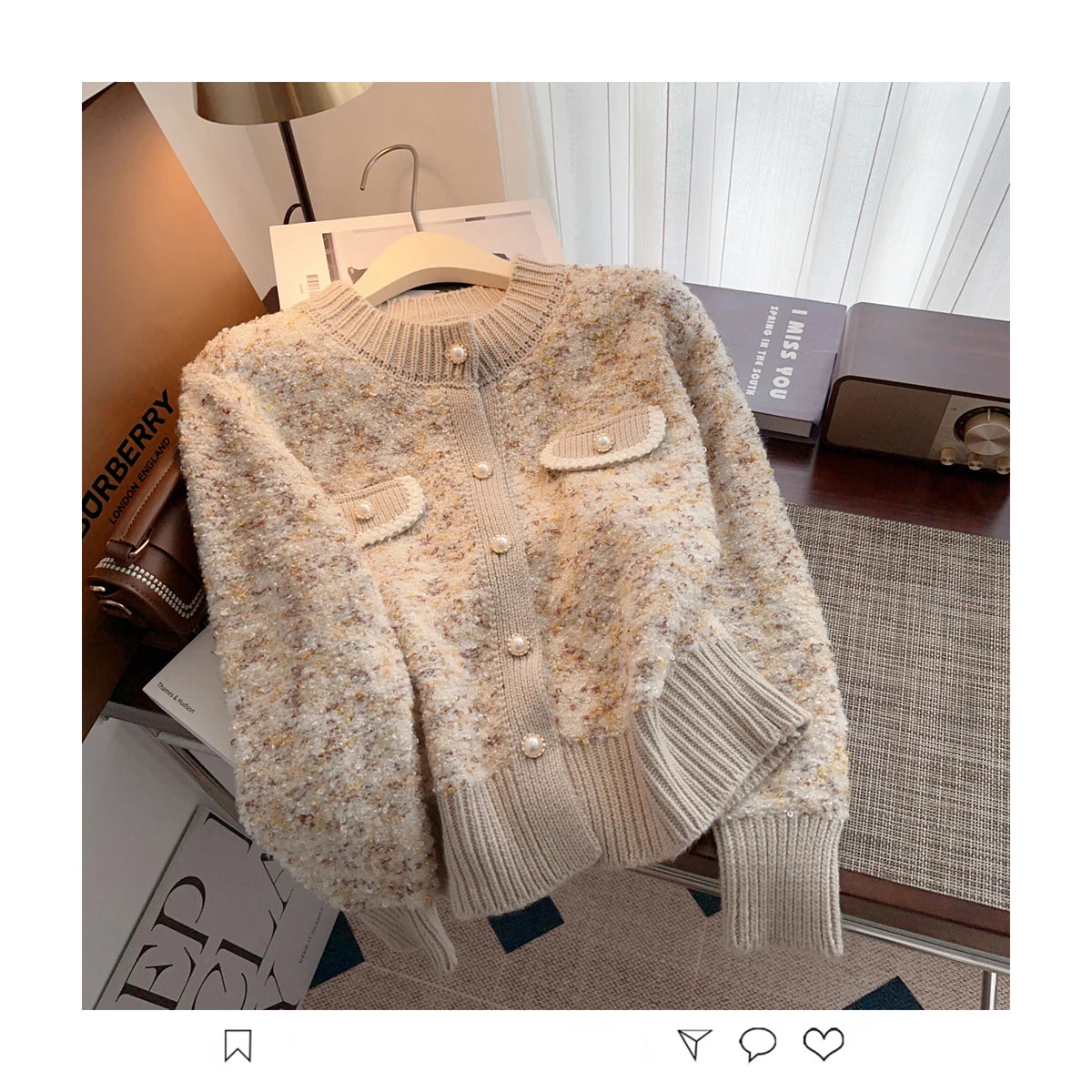 Hnewly  Luxury Pearl Button Sweater Women O-Neck Long Sleeve Cardigan Coat  Single Breasted Warm Jacket Casual All-Matched Knitwear Top