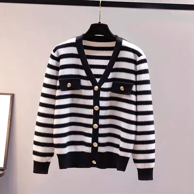 Hnewly  Elegant Striped Knit Cardigan Sweater Spring Autumn New V-neck Long Sleeved Jacket Women's Fashion Gold Button Coat Top