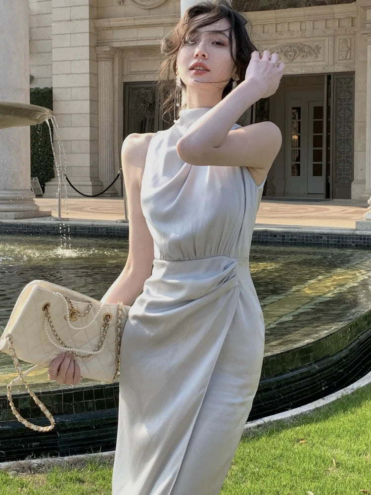 Hnewly Women Summer Halter Satin Midi Party Dress Sleeveless Bodycon Slim Casual Solid Birthday Vestidos Female One Pieces Fashion Robe