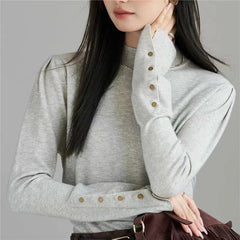Hnewly  Mock Neck Knit Sweater for Women Long Sleeve Buttoned Cuff Fitted Pullover Plain Knit Top Jumper Fall Winter Basic Outfit