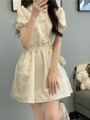 Hnewly  New Fashion Doll Collar Short Sleeve Fashion Chic Chinese Style White Dress in Summer