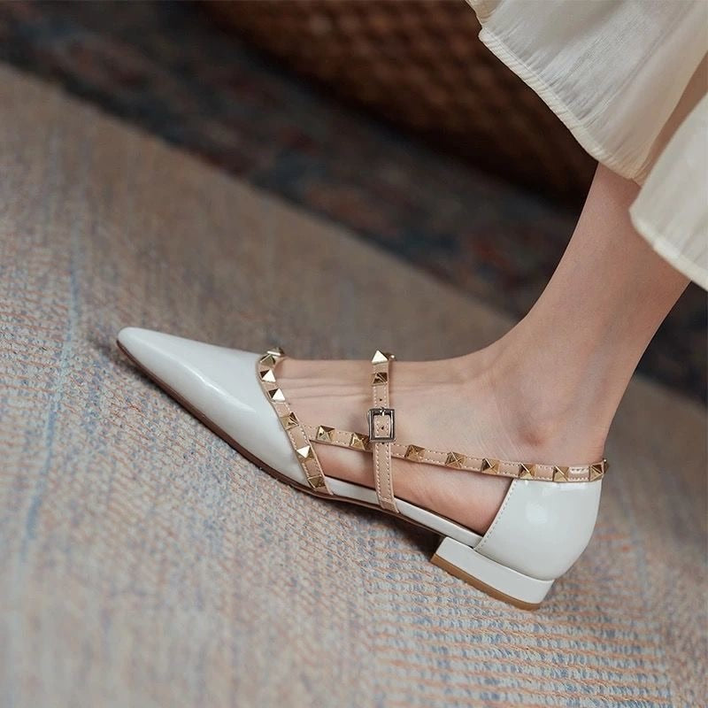 Hnewly Ankle Strap Cut Out D'orsy Studded Rockstud Patent Leather Rivet Flats T-Strap Buckle Walking Soft Women Shoes Travel Size 35-43