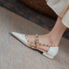Hnewly Ankle Strap Cut Out D'orsy Studded Rockstud Patent Leather Rivet Flats T-Strap Buckle Walking Soft Women Shoes Travel Size 35-43