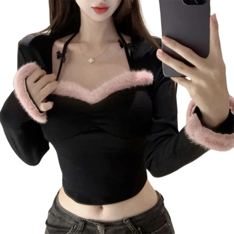 Hnewly Christmas Tops y2k Clothes Women Bow Plush Patchwork Halter Neck Long Sleeve Cropped T Shirt 2000s Clothing Streetwear