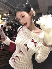 Hnewly Sweet Bow Knitted Pullover Women Off Shoulder Sexy Long Sleeve Sweaters Korean Style Kawaii Autumn Winter Pullovers