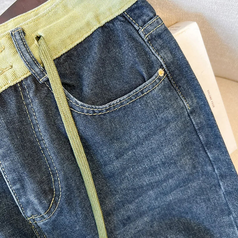 Hnewly  Large Size High Waist Jeans  Women  New Autumn Loose Drawstring Wide Leg Pant Fashion Splice Versatile Straight Leg Denim Pants