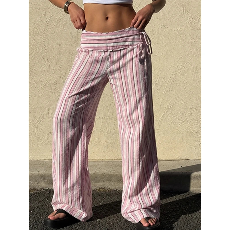 Hnewly  Women's Y2k Striped Long Pants Side Drawstring Bow Tied Low Waist Baggy Wide Leg Beach Trousers Wide Belted Bottoms