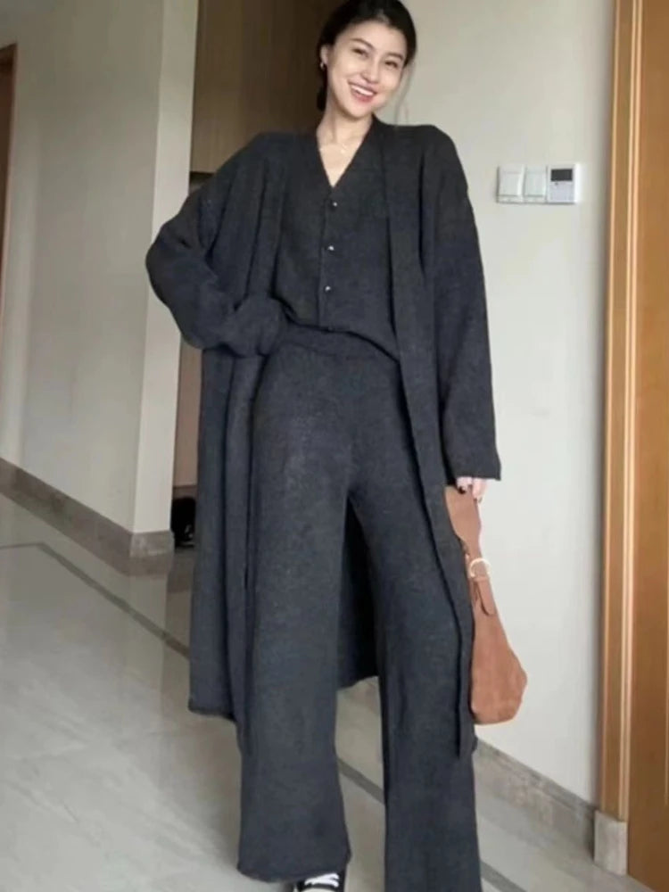 Hnewly Winter French Knitted Suits 3 Piece Set Women Casual Long Cardigan + Vintage Vest + Office Lady Long Pants Korean Fashion